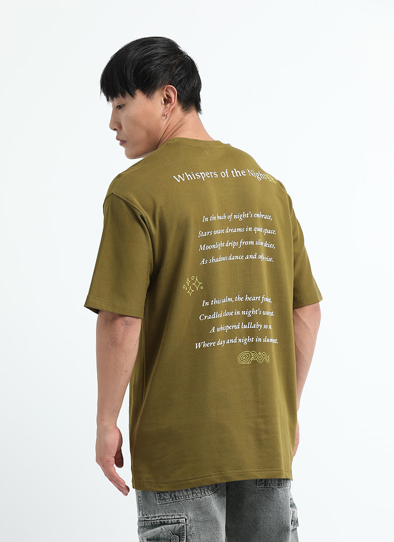 WHISPERS OF THE NIGHT Oversized Cotton Printed T-Shirt Moss Green - Back Prints View