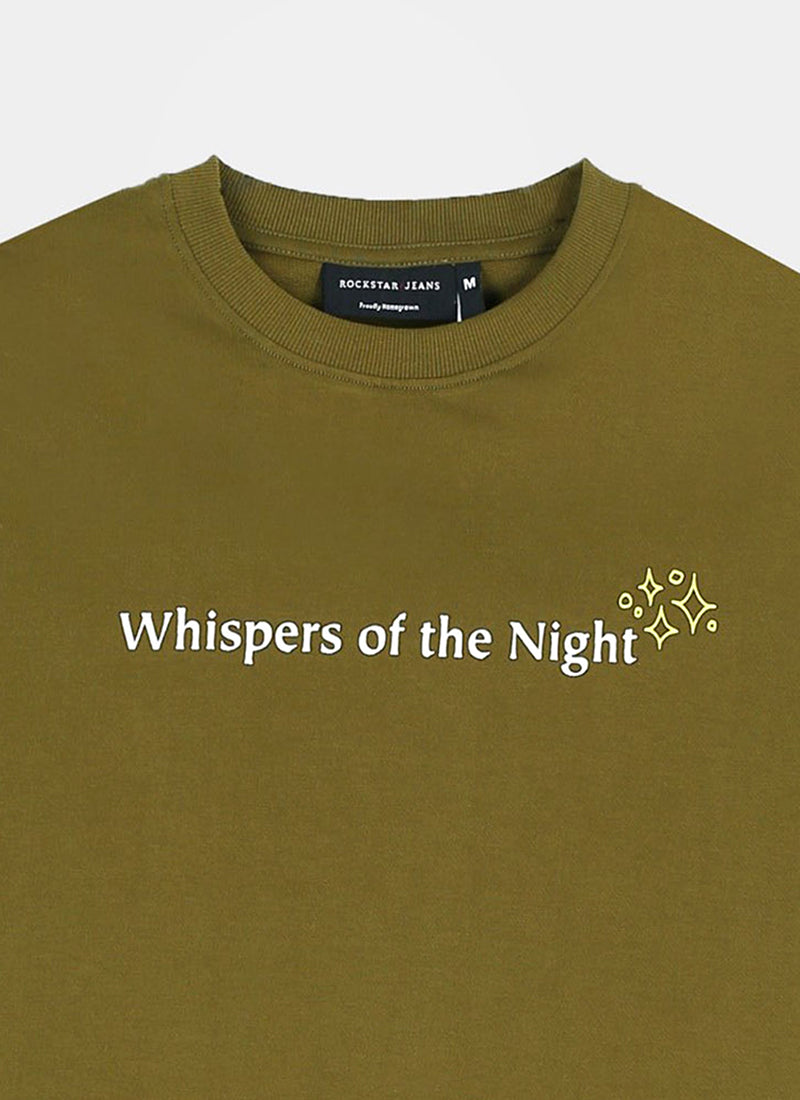 WHISPERS OF THE NIGHT Oversized Cotton Printed T-Shirt Moss Green - Details View