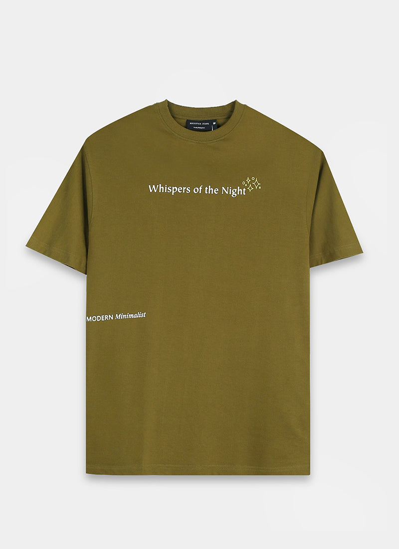 WHISPERS OF THE NIGHT Oversized Cotton Printed T-Shirt Moss Green - Flatlay Front View
