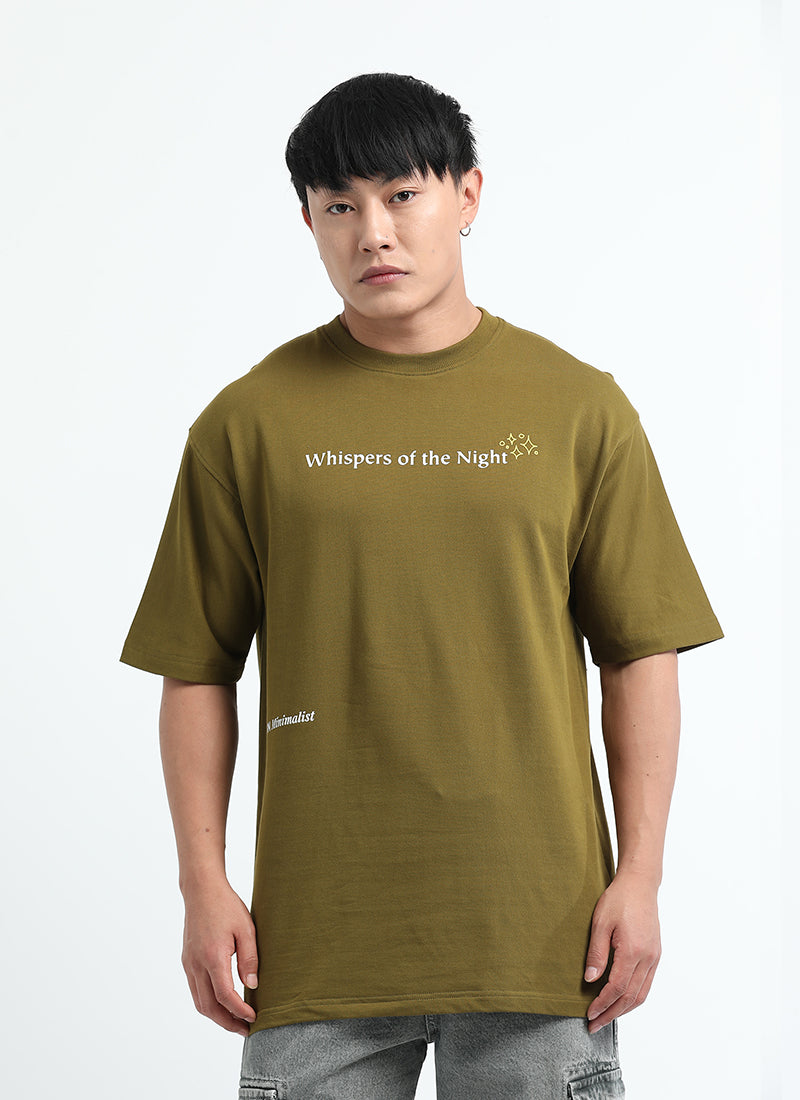WHISPERS OF THE NIGHT Oversized Cotton Printed T-Shirt Moss Green - Front View