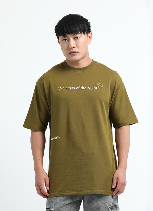 WHISPERS OF THE NIGHT Oversized Cotton Printed T-Shirt Moss Green - Front View