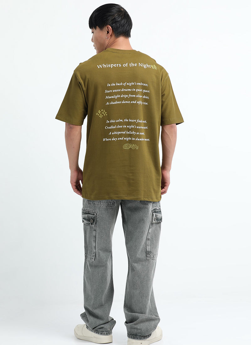 WHISPERS OF THE NIGHT Oversized Cotton Printed T-Shirt Moss Green - Model Back View