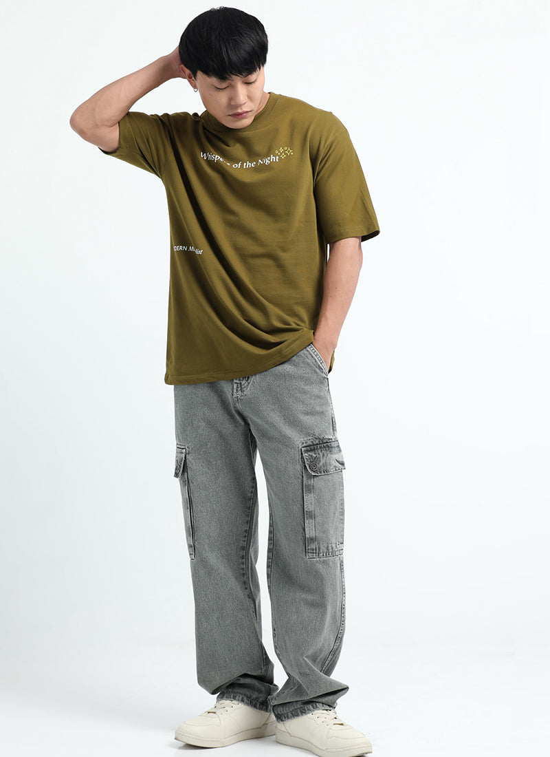 WHISPERS OF THE NIGHT Oversized Cotton Printed T-Shirt Moss Green - Model Full View
