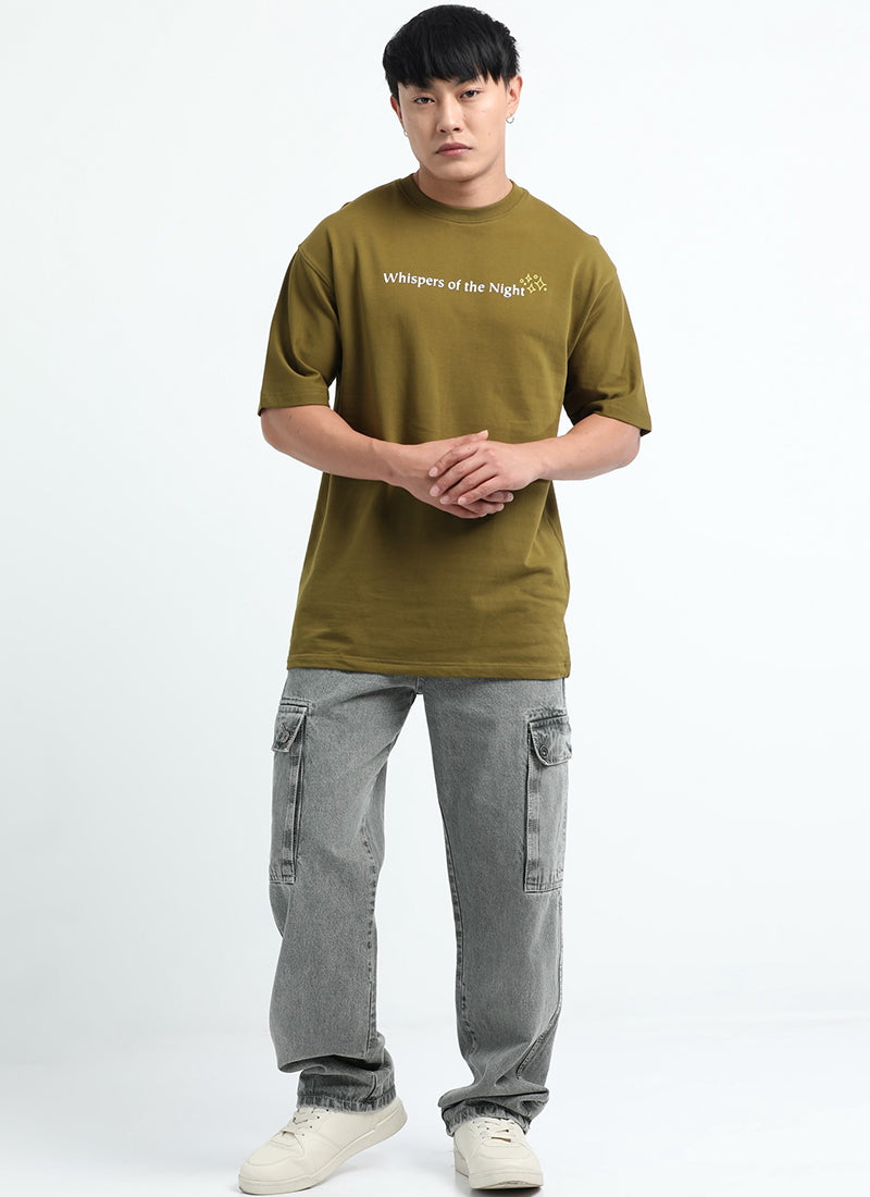 WHISPERS OF THE NIGHT Oversized Cotton Printed T-Shirt Moss Green - Model View