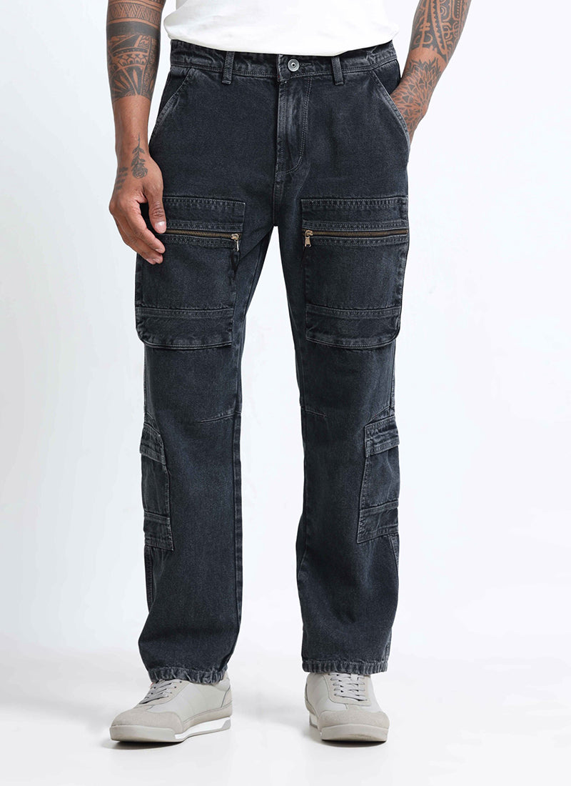 washed black cargo jeans for men