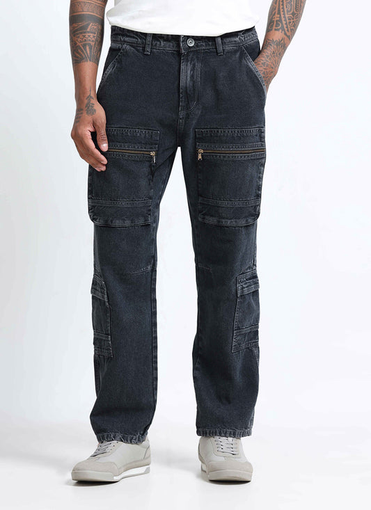 Washed Black Cargo Denim Jeans