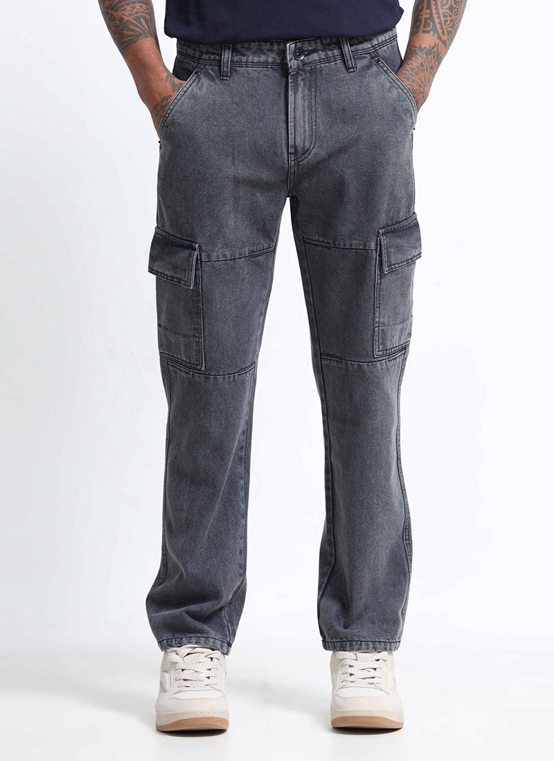 washed grey cargo jeans for men
