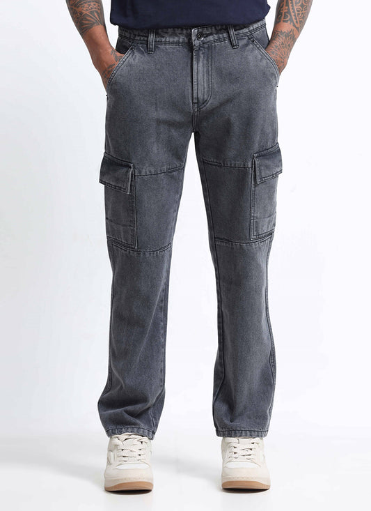 washed grey cargo jeans for men