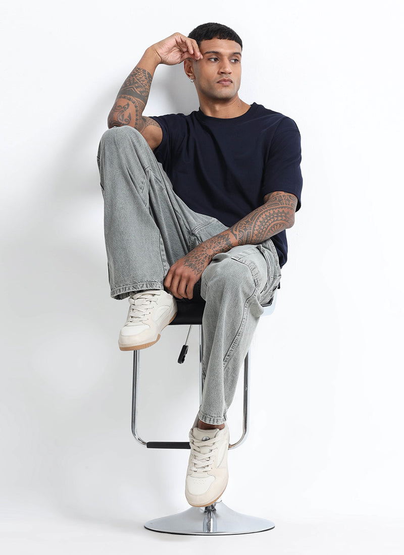 washed grey cargo jeans for men
