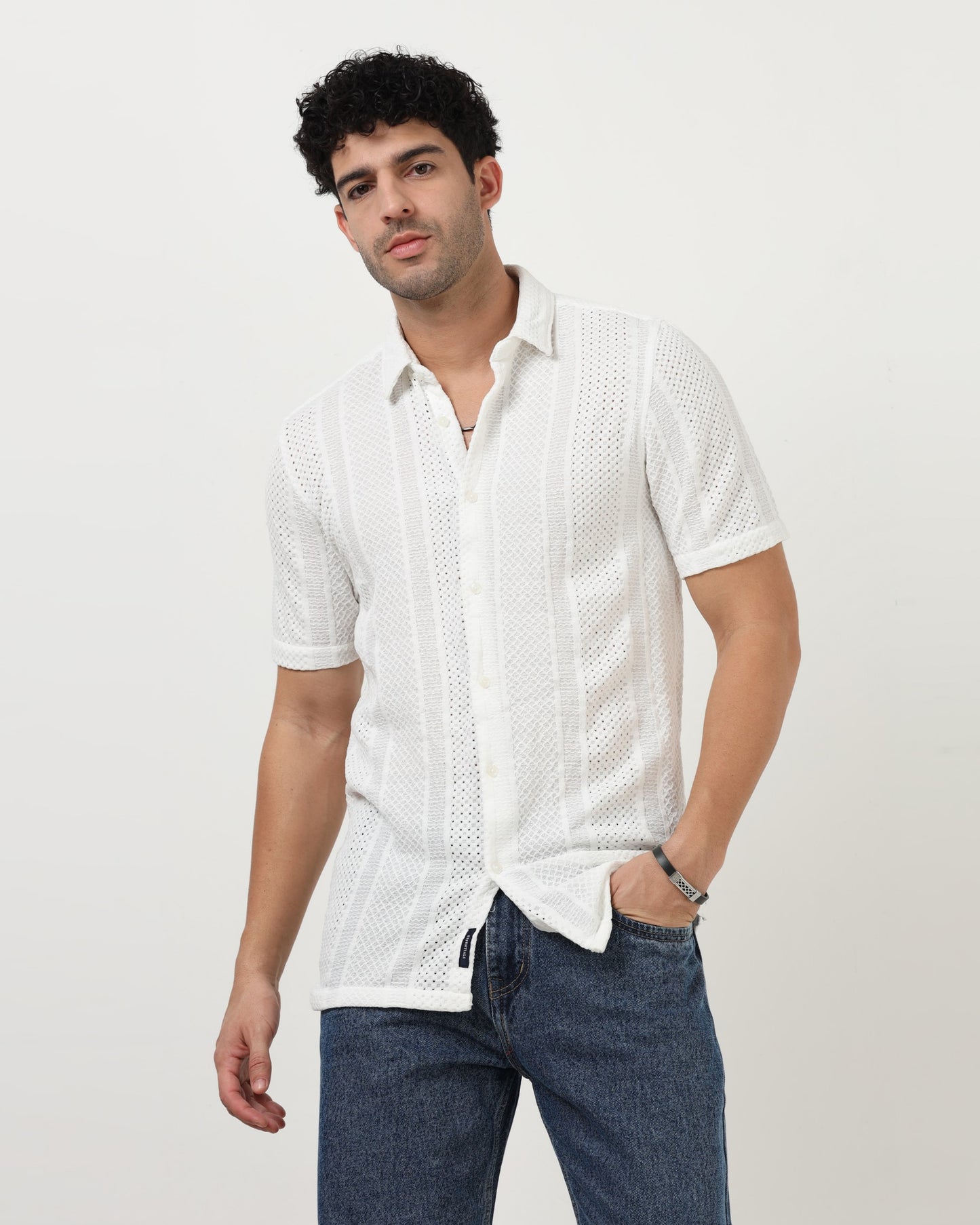 White Mesh Knitted Shirt