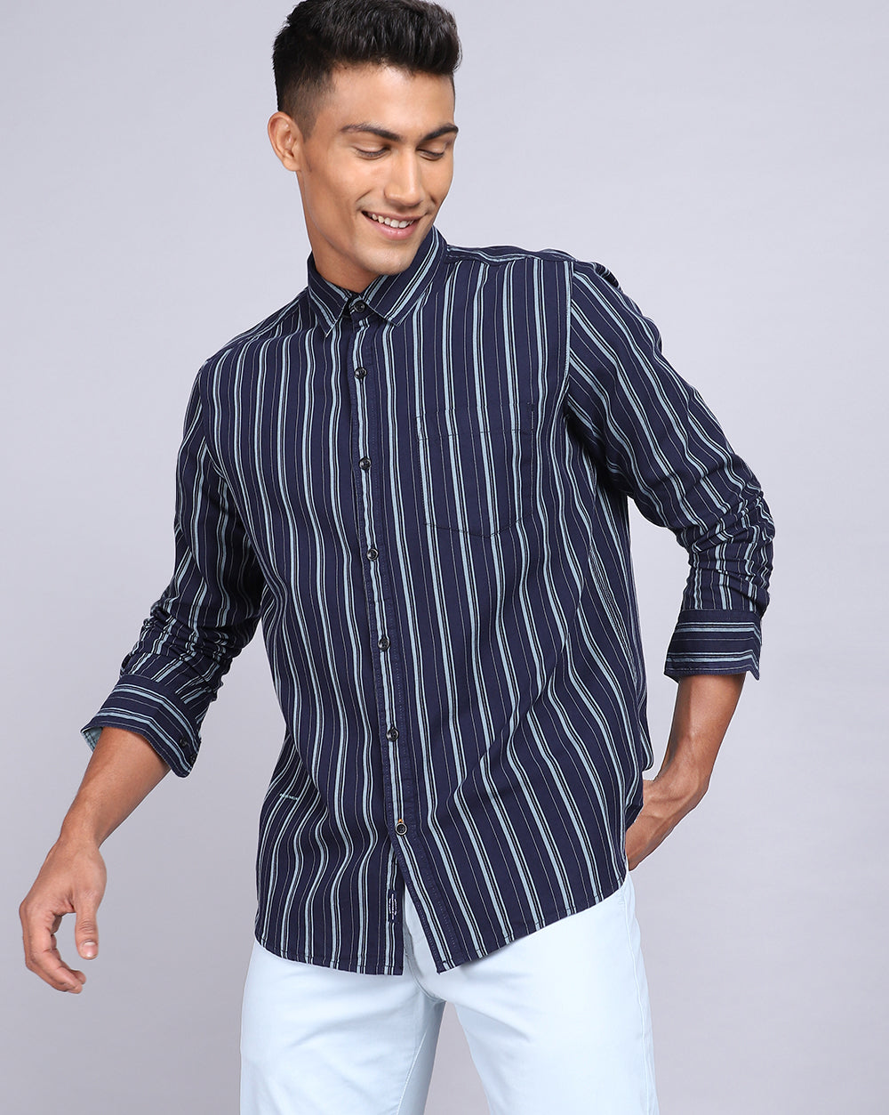 Smart Casual Striped Shirt-Denim Blue