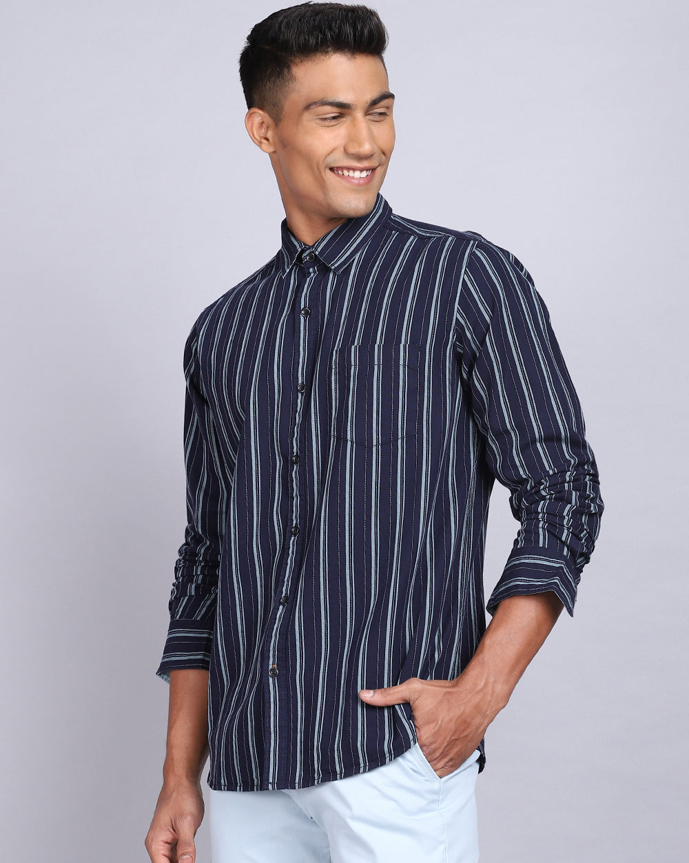 Smart Casual Striped Shirt-Denim Blue