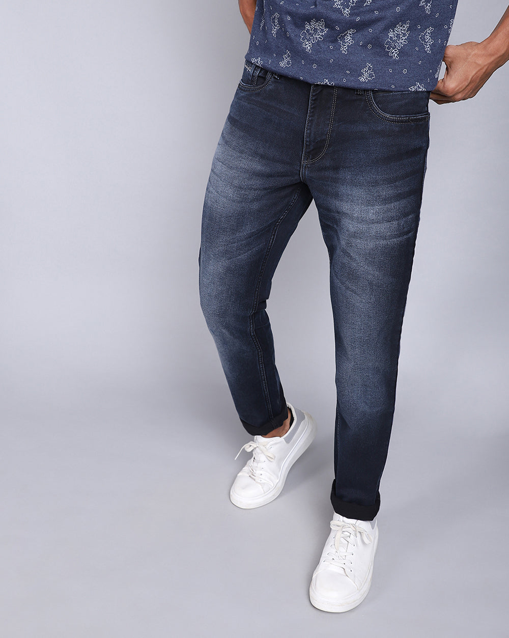 Mid Washed Dark Blue Slim Fit Jeans For Men