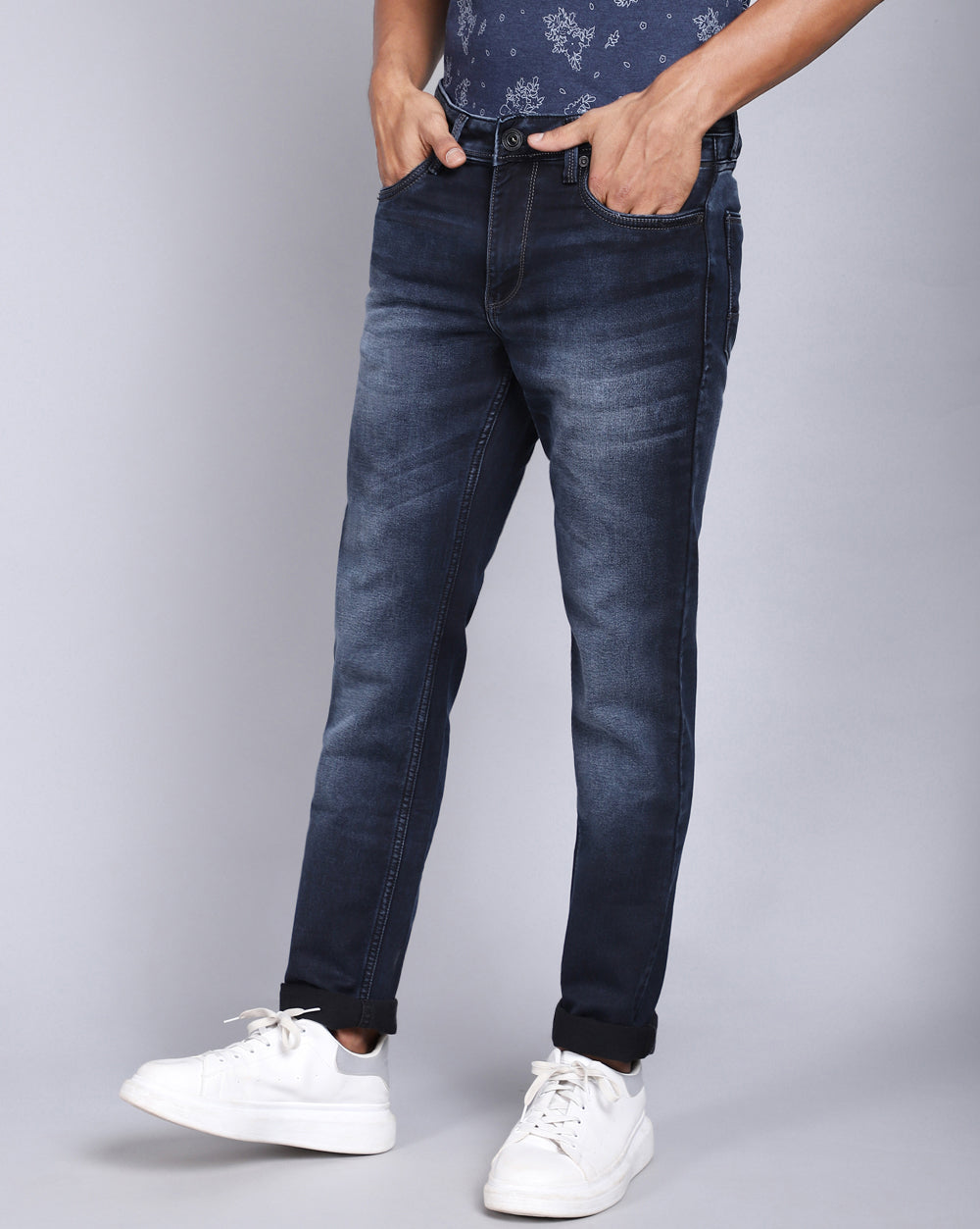 Mid Washed Dark Blue Slim Fit Jeans For Men