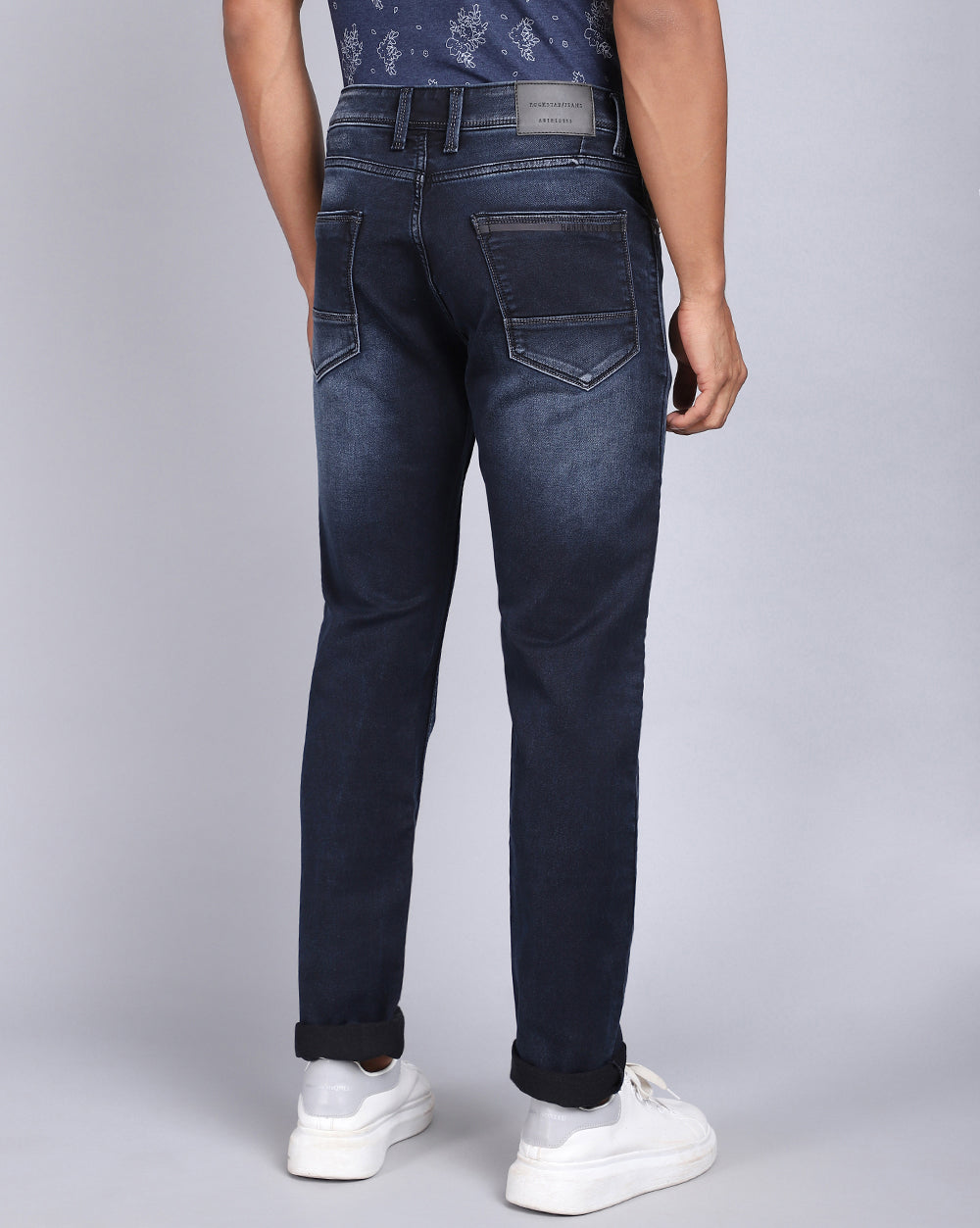 Mid Washed Dark Blue Slim Fit Jeans For Men