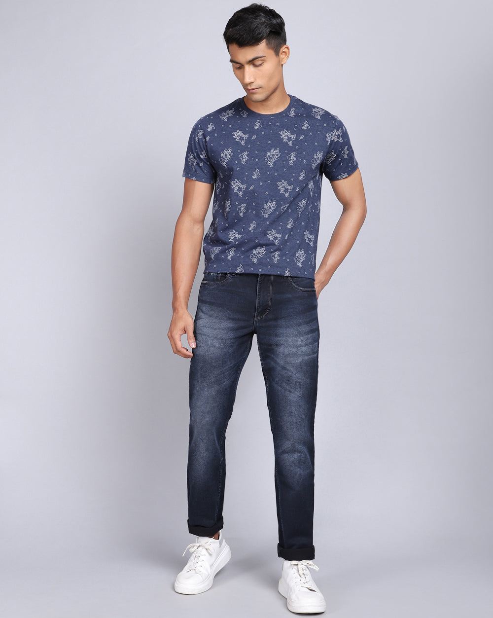 Mid Washed Dark Blue Slim Fit Jeans For Men