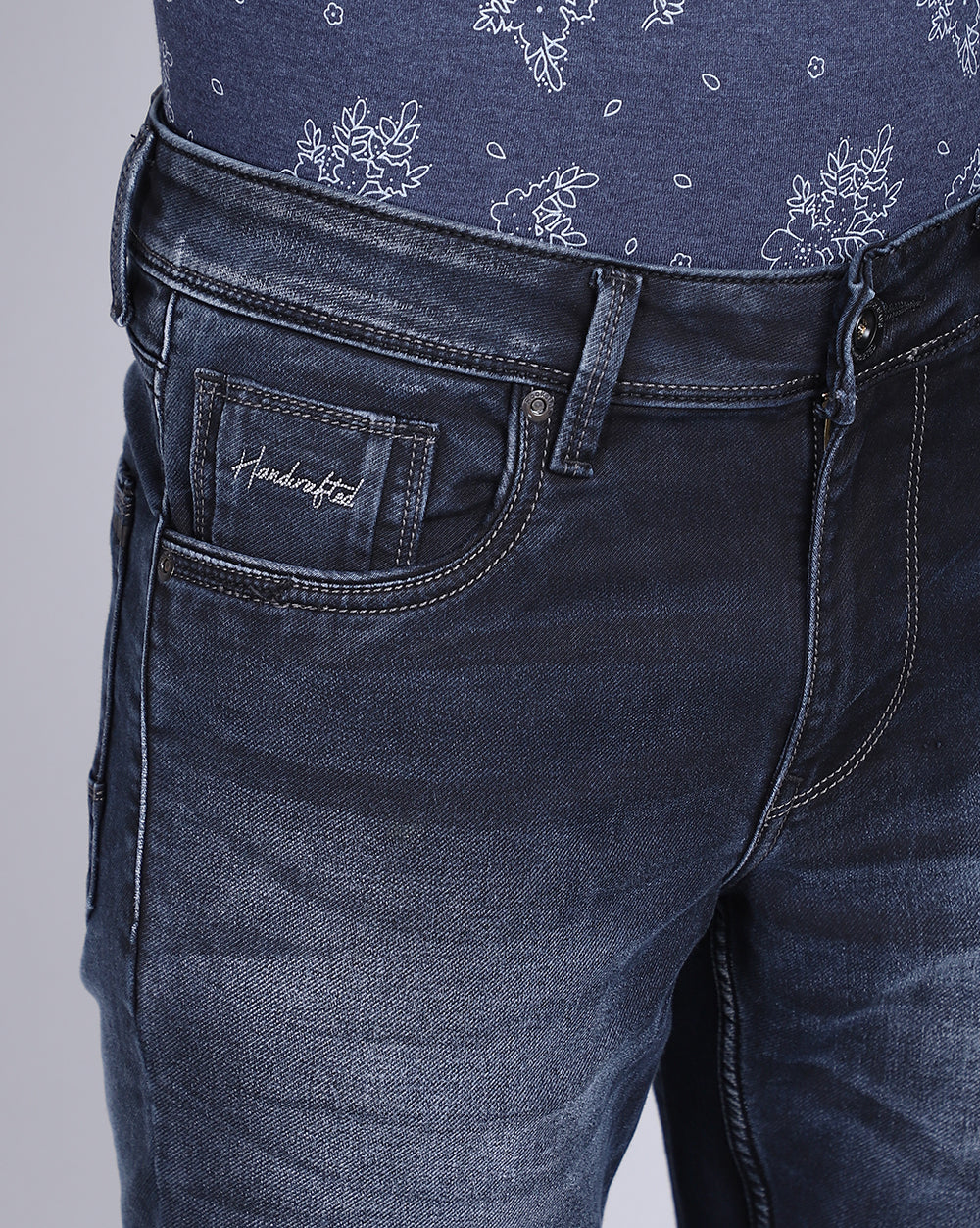 Mid Washed Dark Blue Slim Fit Jeans For Men