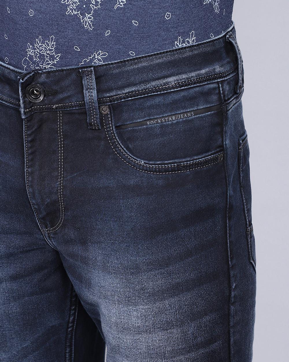 Mid Washed Dark Blue Slim Fit Jeans For Men