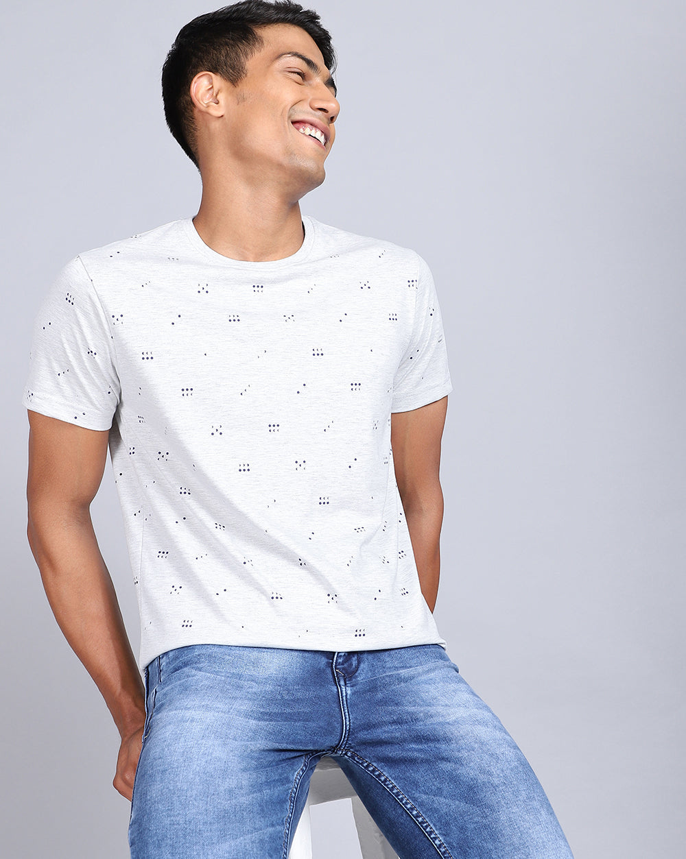 Crew Neck Aop T-Shirt Navy,Acru Melange