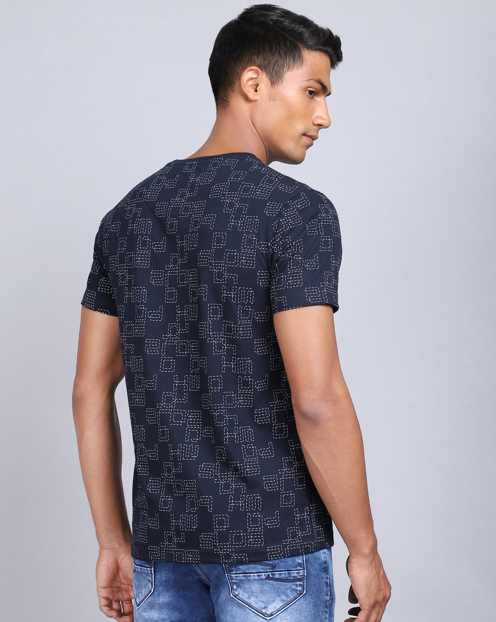 Crew Neck Aop T-Shirt Navy,Acru Melange