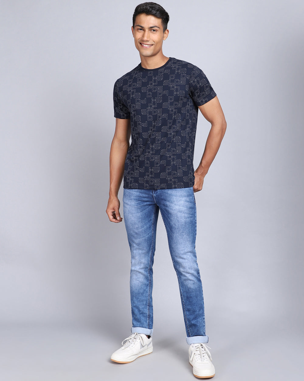 Crew Neck Aop T-Shirt Navy,Acru Melange