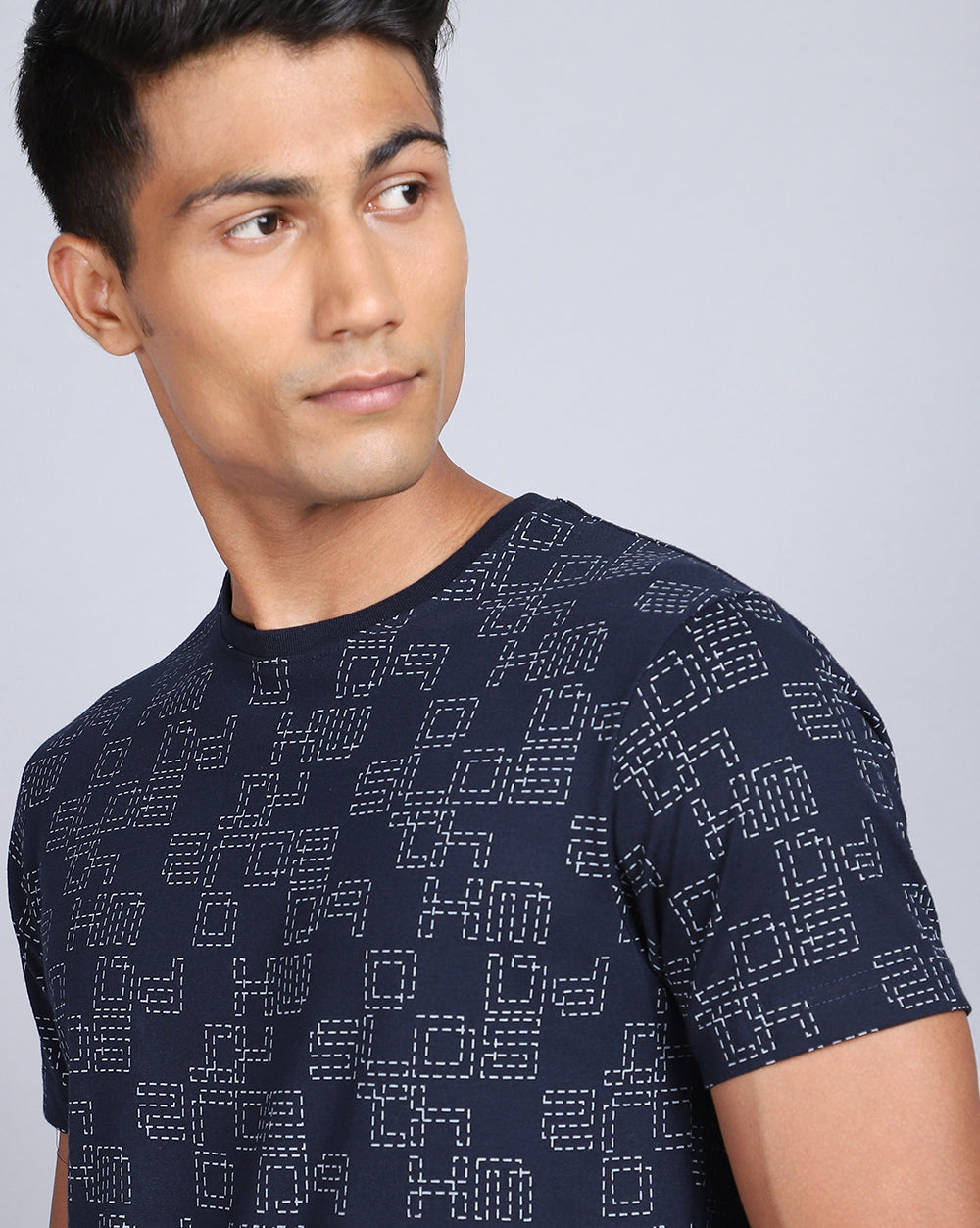 Crew Neck Aop T-Shirt Navy,Acru Melange