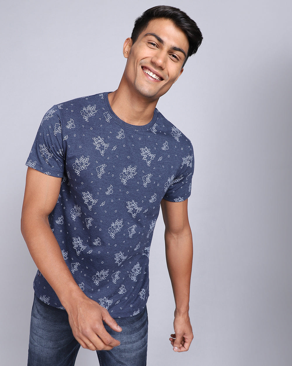 Crew Neck Aop T-Shirt Navy Melange,Atra Melange