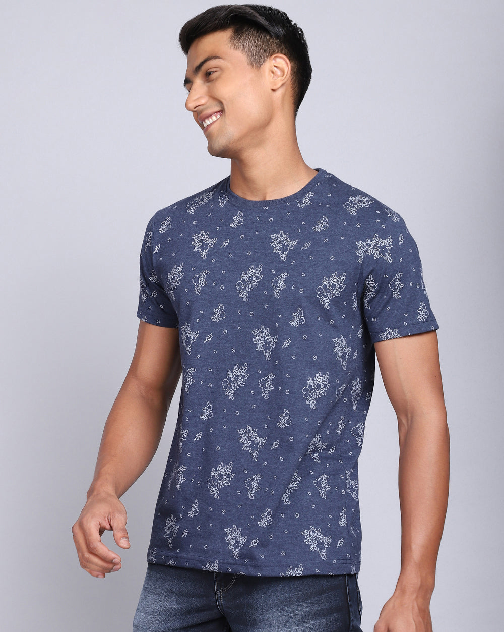 Crew Neck Aop T-Shirt Navy Melange,Atra Melange