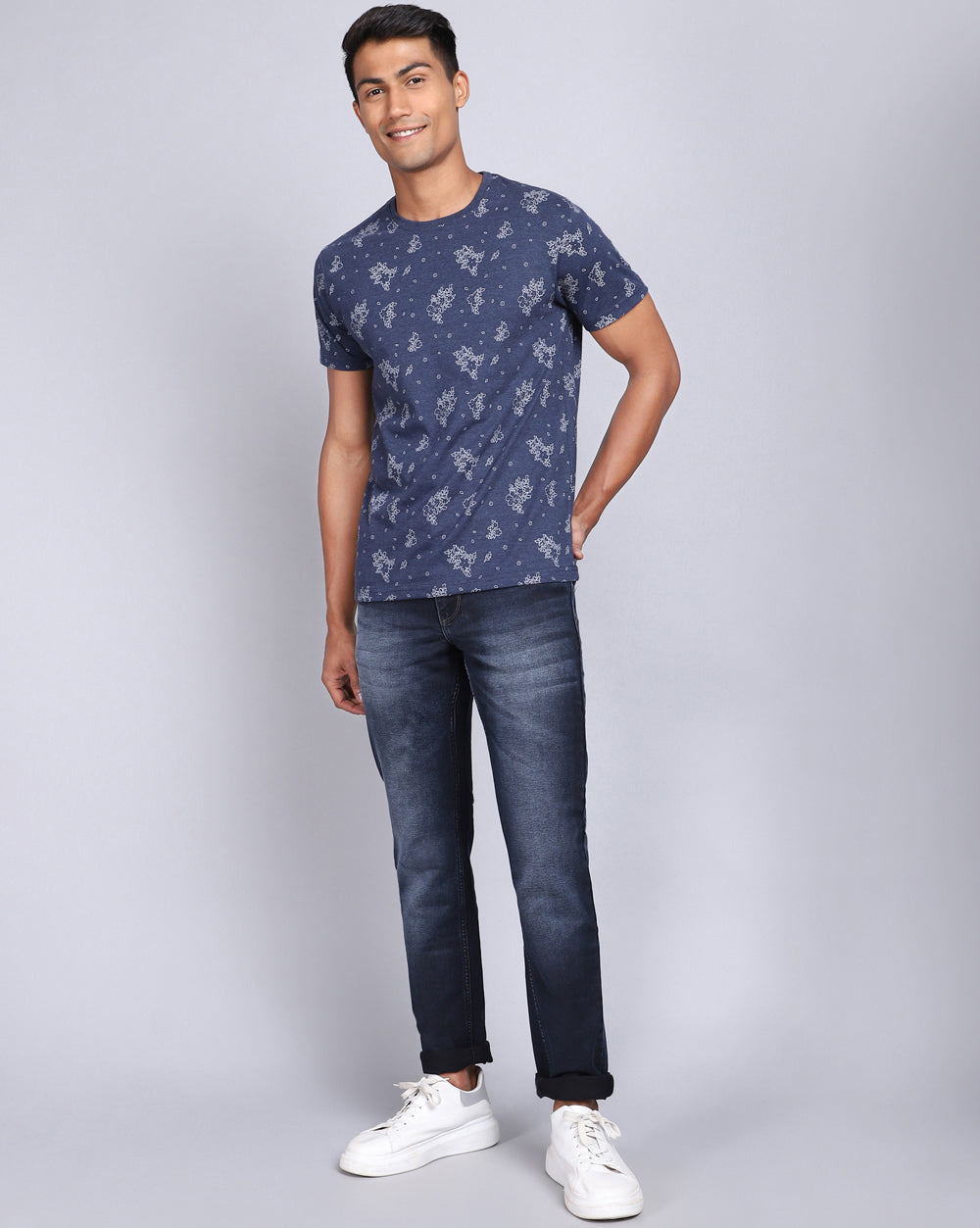 Crew Neck Aop T-Shirt Navy Melange,Atra Melange