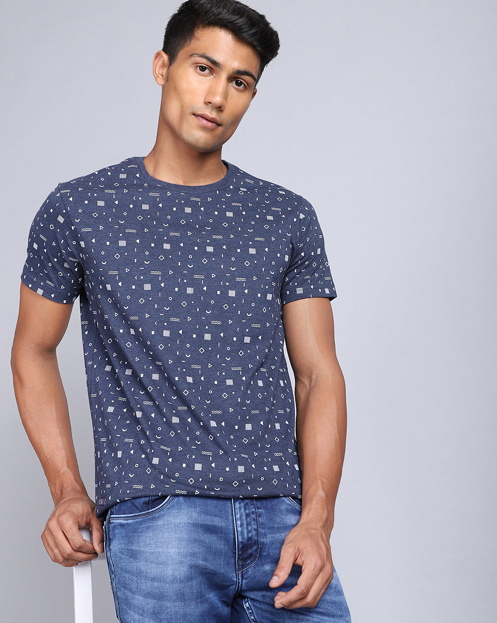 Crew Neck Aop T-Shirt Red Melange,Navy Melange