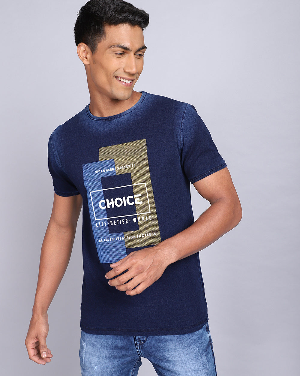Crew Neck Chest Printed T-Shirt-Indigo Washed