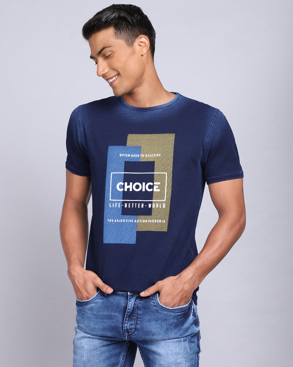 Crew Neck Chest Printed T-Shirt-Indigo Washed