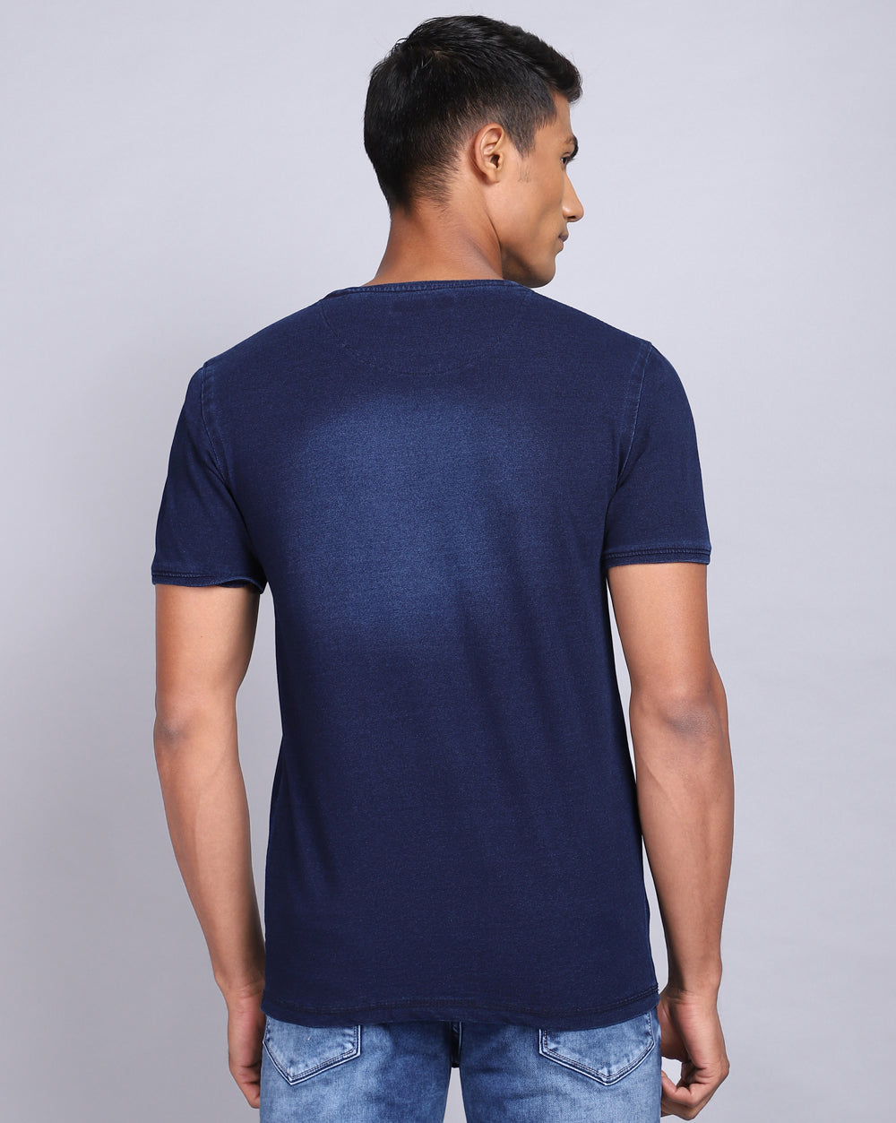 Crew Neck Chest Printed T-Shirt-Indigo Washed