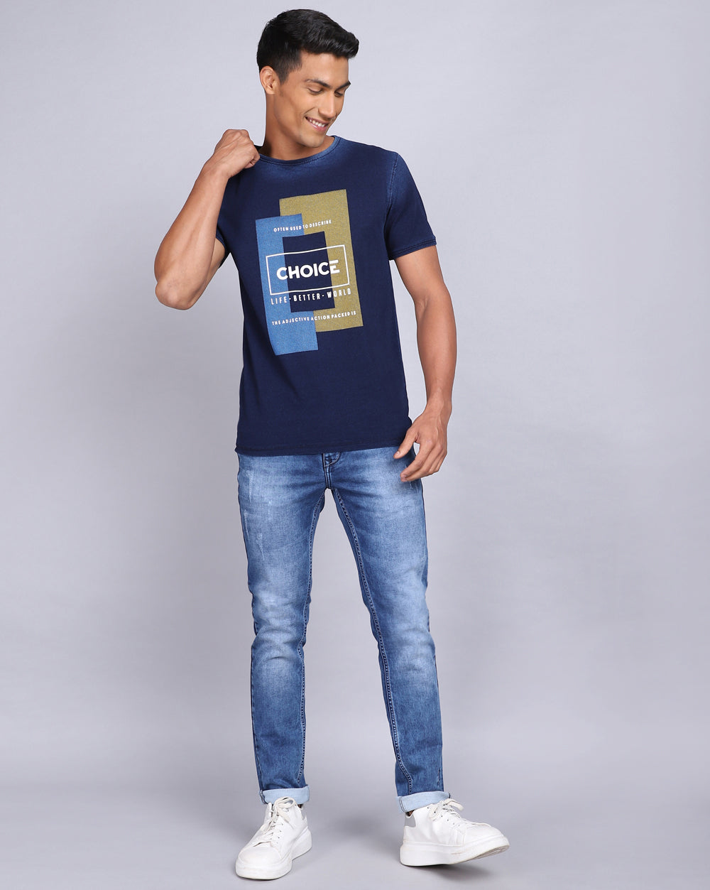 Crew Neck Chest Printed T-Shirt-Indigo Washed