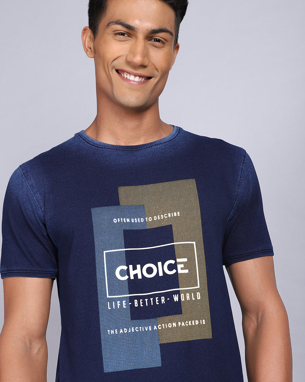 Crew Neck Chest Printed T-Shirt-Indigo Washed
