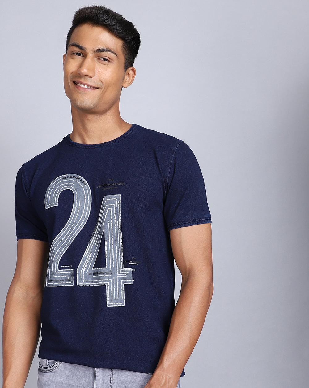 Crew Neck Chest Printed T-Shirt-Deep Indigo