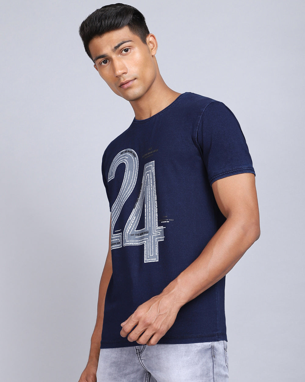 Crew Neck Chest Printed T-Shirt-Deep Indigo