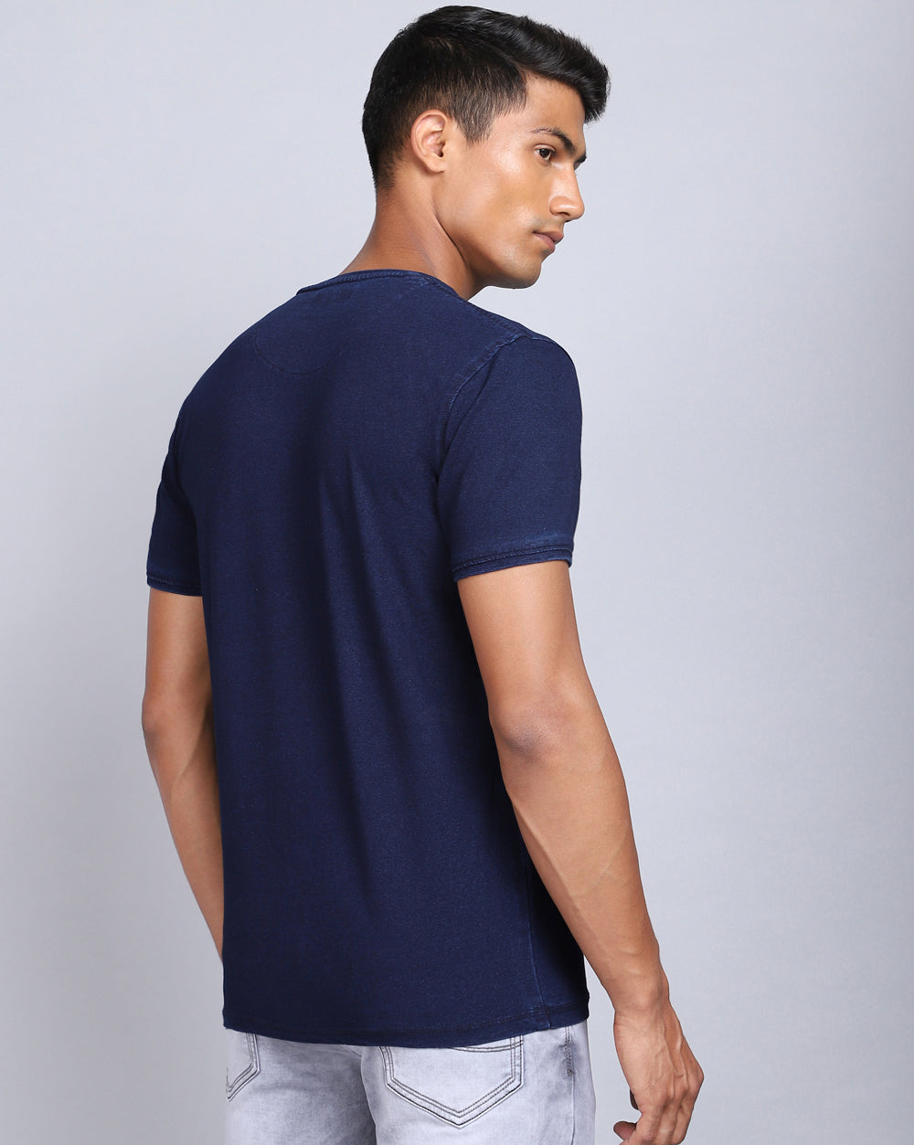 Crew Neck Chest Printed T-Shirt-Deep Indigo