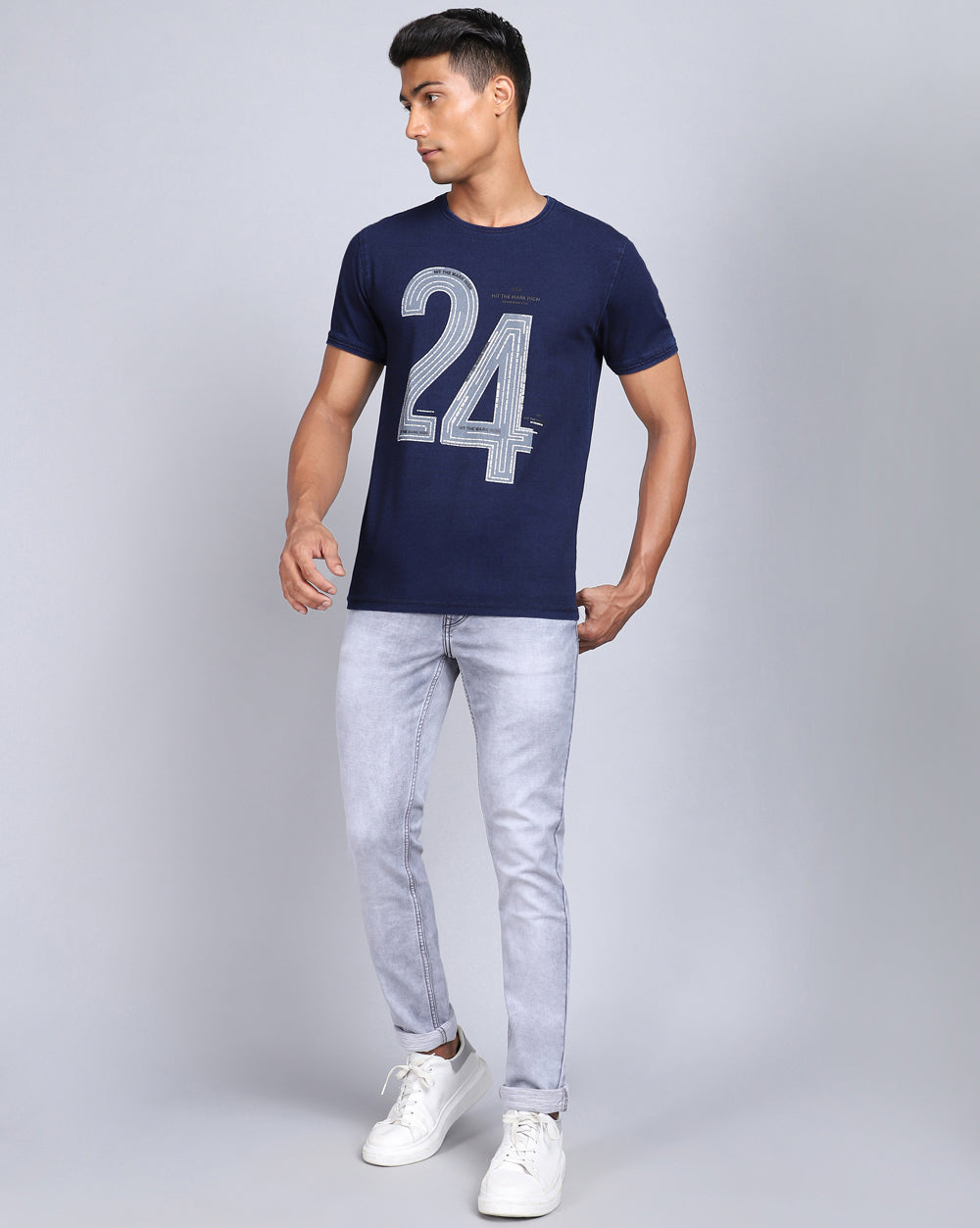 Crew Neck Chest Printed T-Shirt-Deep Indigo