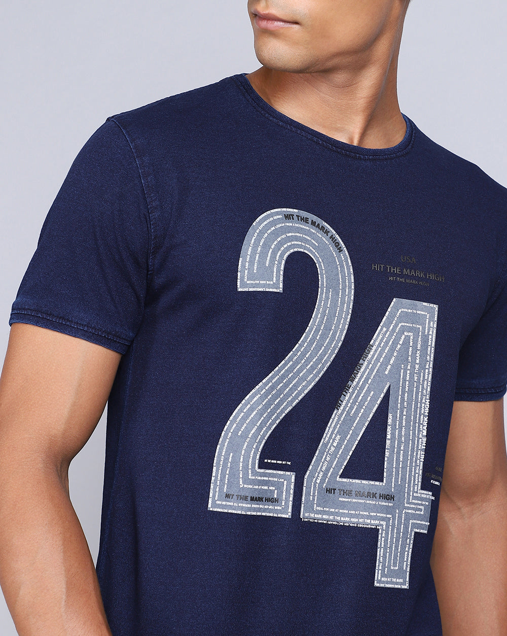 Crew Neck Chest Printed T-Shirt-Deep Indigo