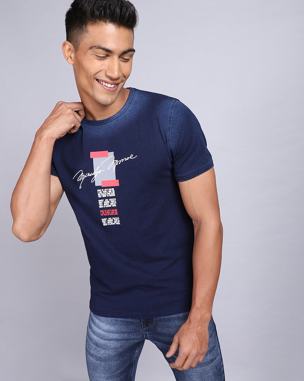 Crew Neck Chest Printed T-Shirt-Indigo Blue