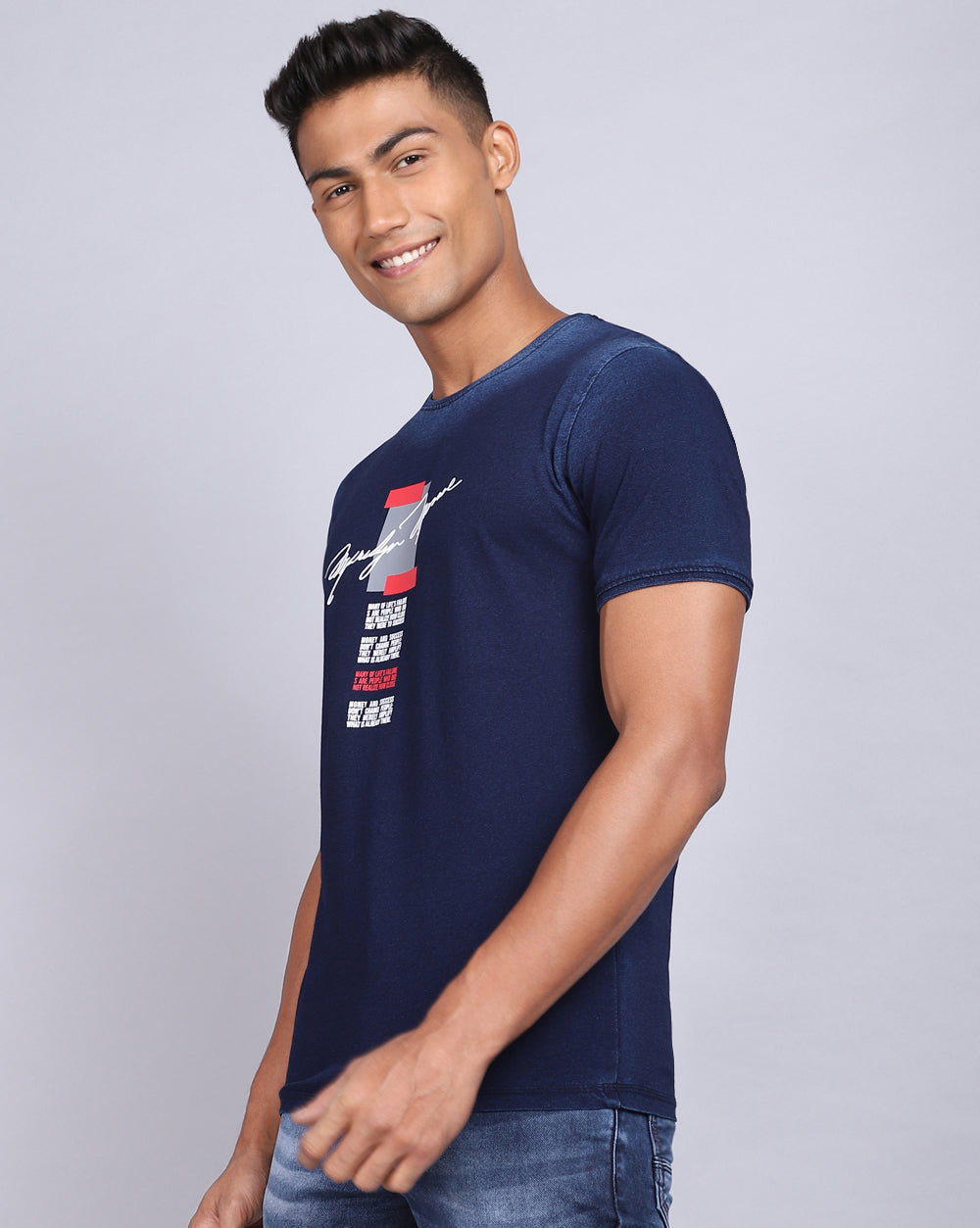 Crew Neck Chest Printed T-Shirt-Indigo Blue