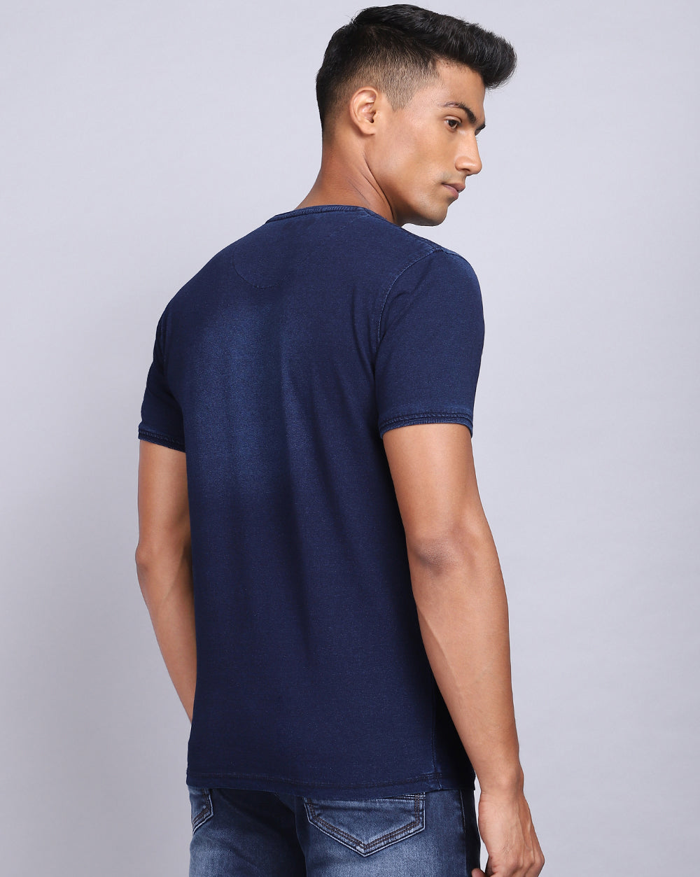 Crew Neck Chest Printed T-Shirt-Indigo Blue