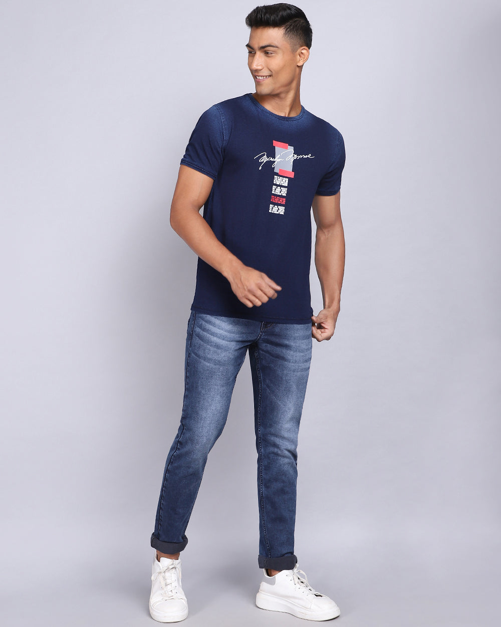 Crew Neck Chest Printed T-Shirt-Indigo Blue