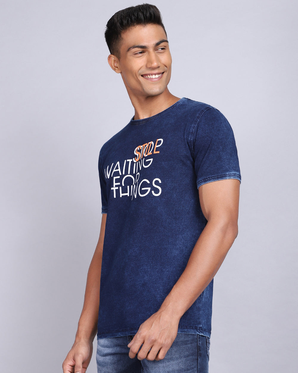 Crew Neck Chest Printed T-Shirt-Blue Indigo 