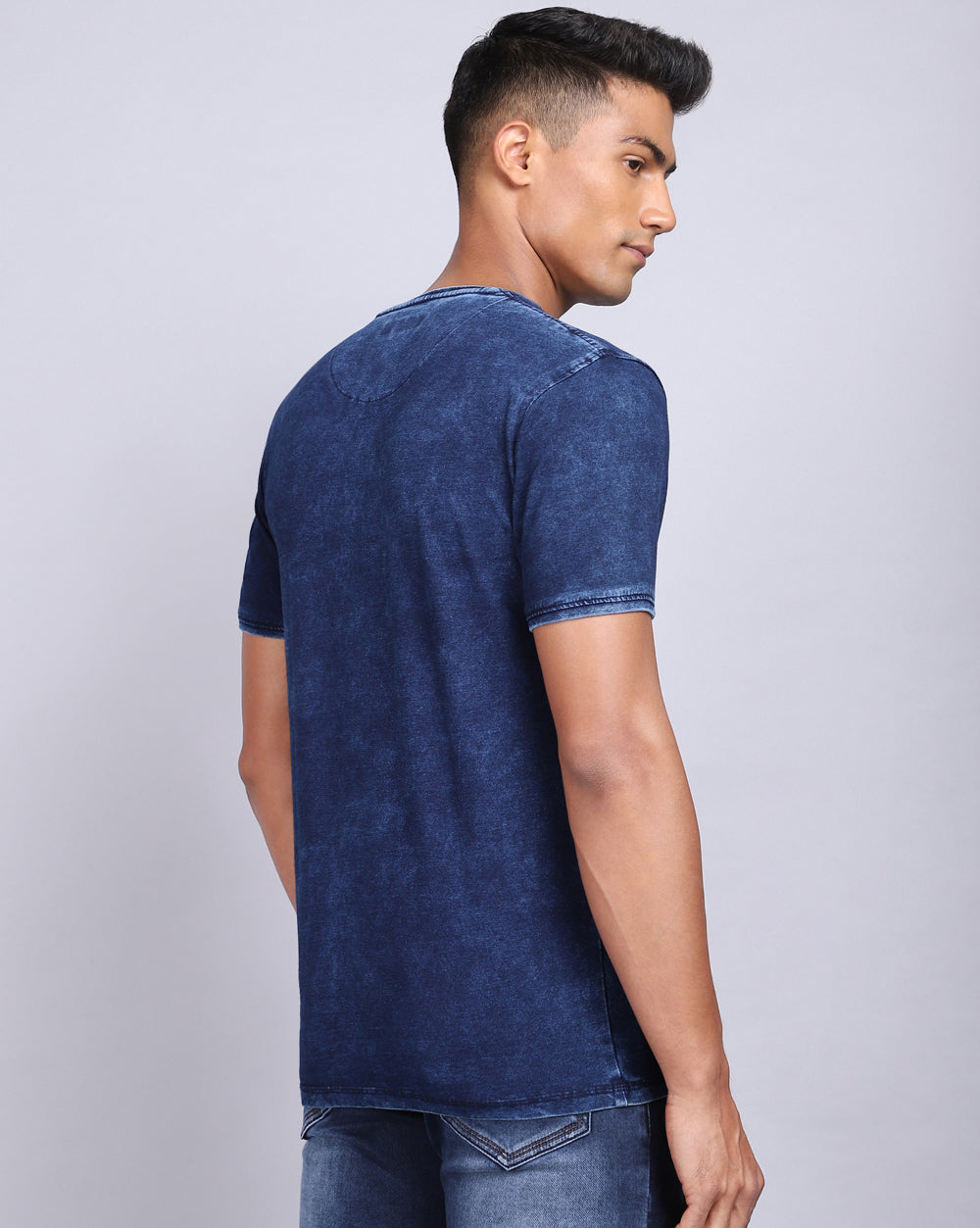 Crew Neck Chest Printed T-Shirt-Blue Indigo 