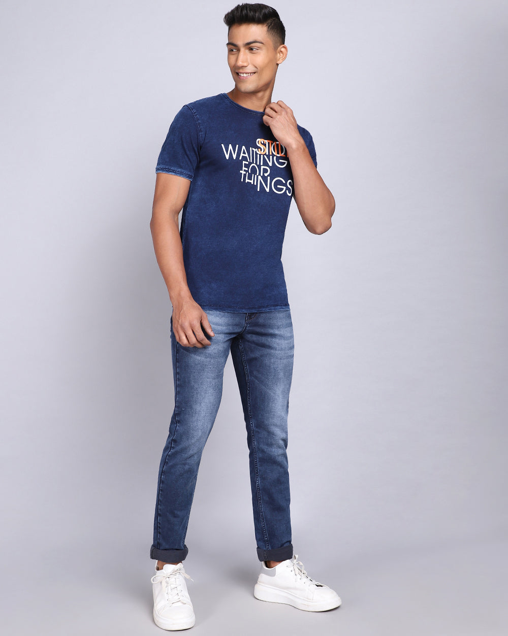 Crew Neck Chest Printed T-Shirt-Blue Indigo 