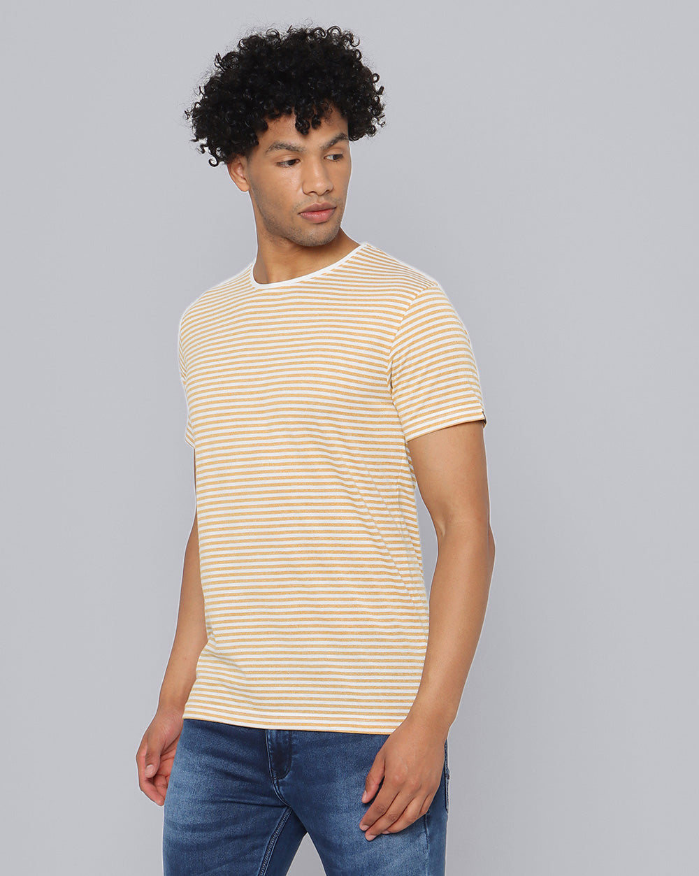 Crewneck Slim Fit Striped T-Shirt Mustard