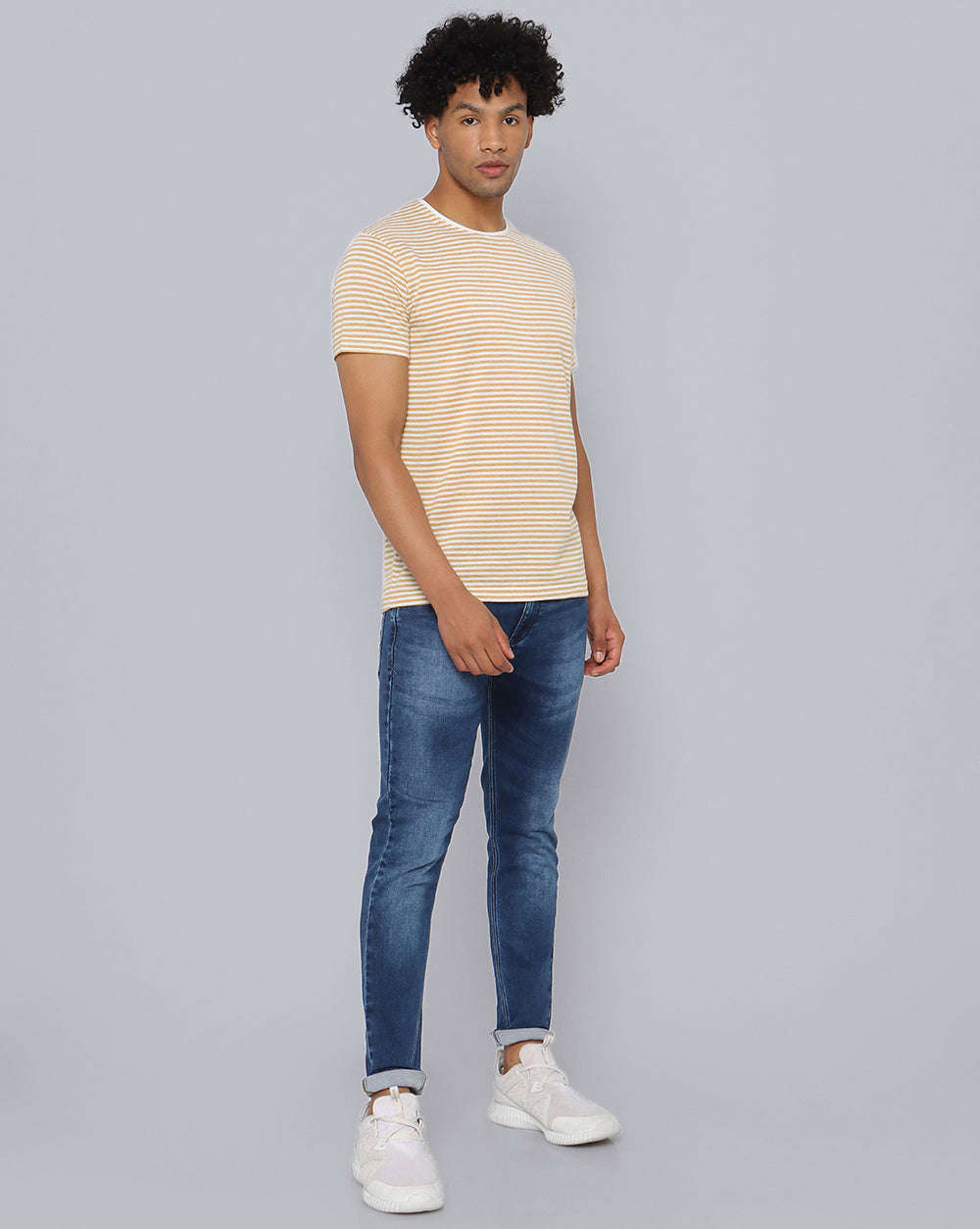 Crewneck Slim Fit Striped T-Shirt Mustard