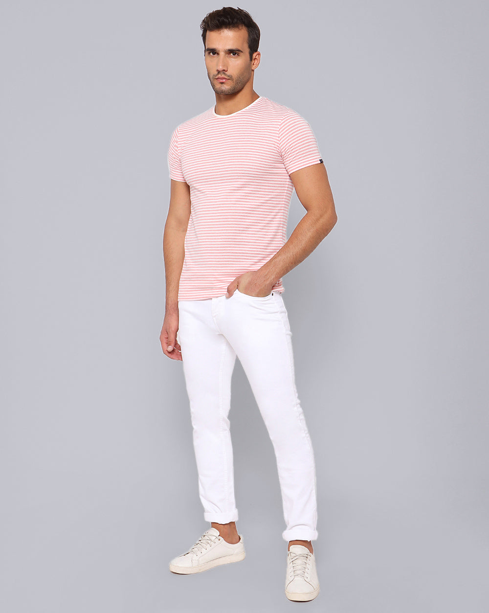 Crewneck Slim Fit Striped T-Shirt Pink
